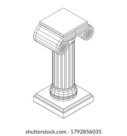 Greek ionic column. Ancient pillars roman antique architecture construction decoration. Wireframe low poly mesh vector illustration.