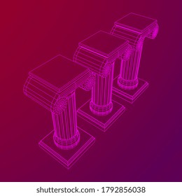 Greek ionic column. Ancient pillars roman antique architecture construction decoration. Wireframe low poly mesh vector illustration.