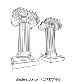 Greek ionic column. Ancient pillars roman antique architecture construction decoration. Wireframe low poly mesh vector illustration.