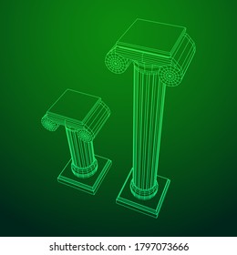 Greek ionic column. Ancient pillars roman antique architecture construction decoration. Wireframe low poly mesh vector illustration.