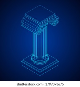 Greek ionic column. Ancient pillars roman antique architecture construction decoration. Wireframe low poly mesh vector illustration.