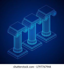 Greek ionic column. Ancient pillars roman antique architecture construction decoration. Wireframe low poly mesh vector illustration.