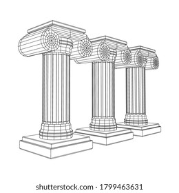 Greek ionic column. Ancient pillars roman antique architecture construction decoration. Wireframe low poly mesh vector illustration.