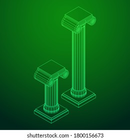Greek ionic column. Ancient pillars roman antique architecture construction decoration. Wireframe low poly mesh vector illustration.