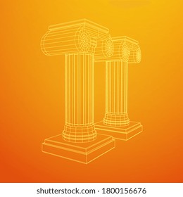 Greek ionic column. Ancient pillars roman antique architecture construction decoration. Wireframe low poly mesh vector illustration.