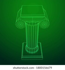 Greek ionic column. Ancient pillars roman antique architecture construction decoration. Wireframe low poly mesh vector illustration.