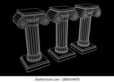 Greek ionic column. Ancient pillars roman antique architecture construction decoration. Wireframe low poly mesh vector illustration.