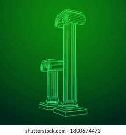 Greek ionic column. Ancient pillars roman antique architecture construction decoration. Wireframe low poly mesh vector illustration.