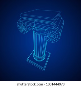 Greek ionic column. Ancient pillars roman antique architecture construction decoration. Wireframe low poly mesh vector illustration.
