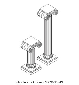 Greek ionic column. Ancient pillars roman antique architecture construction decoration. Wireframe low poly mesh vector illustration.