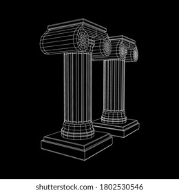 Greek ionic column. Ancient pillars roman antique architecture construction decoration. Wireframe low poly mesh vector illustration.