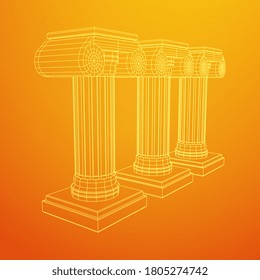 Greek ionic column. Ancient pillars roman antique architecture construction decoration. Wireframe low poly mesh vector illustration.