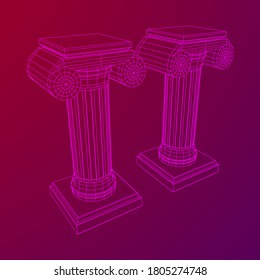 Greek ionic column. Ancient pillars roman antique architecture construction decoration. Wireframe low poly mesh vector illustration.