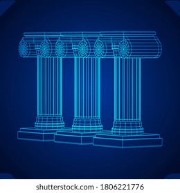 Greek ionic column. Ancient pillars roman antique architecture construction decoration. Wireframe low poly mesh vector illustration.
