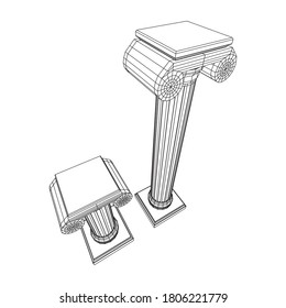 Greek ionic column. Ancient pillars roman antique architecture construction decoration. Wireframe low poly mesh vector illustration.