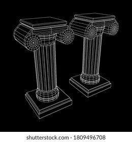Greek ionic column. Ancient pillars roman antique architecture construction decoration. Wireframe low poly mesh vector illustration.