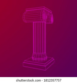 Greek ionic column. Ancient pillars roman antique architecture construction decoration. Wireframe low poly mesh vector illustration.