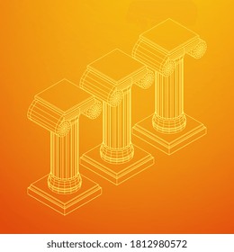 Greek ionic column. Ancient pillars roman antique architecture construction decoration. Wireframe low poly mesh vector illustration.