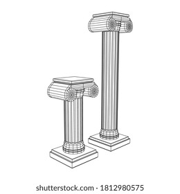 Greek ionic column. Ancient pillars roman antique architecture construction decoration. Wireframe low poly mesh vector illustration.