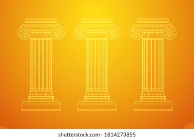 Greek ionic column. Ancient pillars roman antique architecture construction decoration. Wireframe low poly mesh vector illustration.