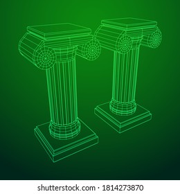 Greek ionic column. Ancient pillars roman antique architecture construction decoration. Wireframe low poly mesh vector illustration.