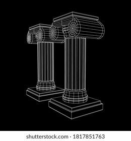 Greek ionic column. Ancient pillars roman antique architecture construction decoration. Wireframe low poly mesh vector illustration.