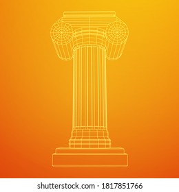 Greek ionic column. Ancient pillars roman antique architecture construction decoration. Wireframe low poly mesh vector illustration.