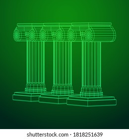 Greek ionic column. Ancient pillars roman antique architecture construction decoration. Wireframe low poly mesh vector illustration.