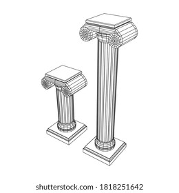 Greek ionic column. Ancient pillars roman antique architecture construction decoration. Wireframe low poly mesh vector illustration.