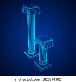 Columna iónica griega. Antiguos pilares romanos de arquitectura antigua, decoración de construcción. Ilustración vectorial de malla baja de malla de malla de alambre.