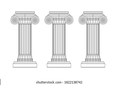 Greek ionic column. Ancient pillars roman antique architecture construction decoration. Wireframe low poly mesh vector illustration.