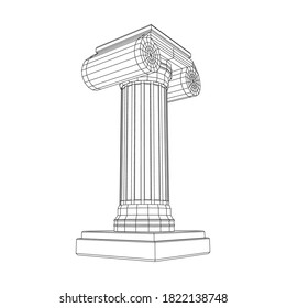 Columna iónica griega. Antiguos pilares romanos de arquitectura antigua, decoración de construcción. Ilustración vectorial de malla baja de malla de malla de alambre.