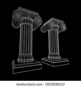 Greek ionic column. Ancient pillars roman antique architecture construction decoration. Wireframe low poly mesh vector illustration.