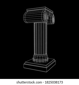 Greek ionic column. Ancient pillars roman antique architecture construction decoration. Wireframe low poly mesh vector illustration.