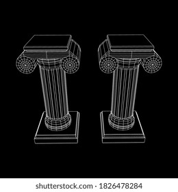 Greek ionic column. Ancient pillars roman antique architecture construction decoration. Wireframe low poly mesh vector illustration.