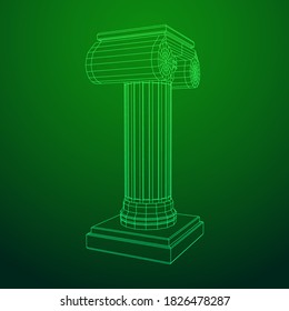 Greek ionic column. Ancient pillars roman antique architecture construction decoration. Wireframe low poly mesh vector illustration.