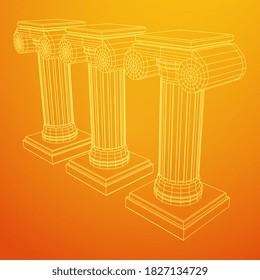 Columna iónica griega. Antiguos pilares romanos de arquitectura antigua, decoración de construcción. Ilustración vectorial de malla baja de malla de malla de alambre.