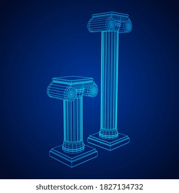 Greek ionic column. Ancient pillars roman antique architecture construction decoration. Wireframe low poly mesh vector illustration.
