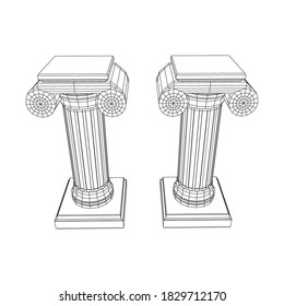 Greek ionic column. Ancient pillars roman antique architecture construction decoration. Wireframe low poly mesh vector illustration.