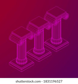 Greek ionic column. Ancient pillars roman antique architecture construction decoration. Wireframe low poly mesh vector illustration.