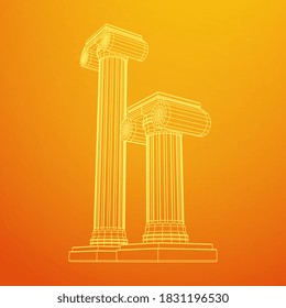 Greek ionic column. Ancient pillars roman antique architecture construction decoration. Wireframe low poly mesh vector illustration.