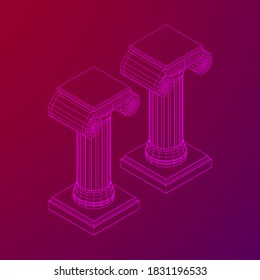 Greek ionic column. Ancient pillars roman antique architecture construction decoration. Wireframe low poly mesh vector illustration.