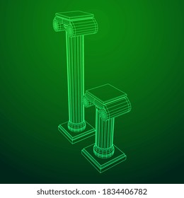Greek ionic column. Ancient pillars roman antique architecture construction decoration. Wireframe low poly mesh vector illustration.