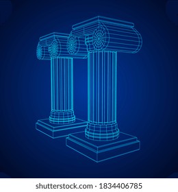 Greek ionic column. Ancient pillars roman antique architecture construction decoration. Wireframe low poly mesh vector illustration.