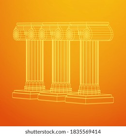 Greek ionic column. Ancient pillars roman antique architecture construction decoration. Wireframe low poly mesh vector illustration.