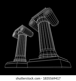 Greek ionic column. Ancient pillars roman antique architecture construction decoration. Wireframe low poly mesh vector illustration.