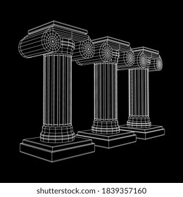 Greek ionic column. Ancient pillars roman antique architecture construction decoration. Wireframe low poly mesh vector illustration.