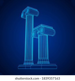 Greek ionic column. Ancient pillars roman antique architecture construction decoration. Wireframe low poly mesh vector illustration.