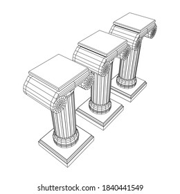 Columna iónica griega. Antiguos pilares romanos de arquitectura antigua, decoración de construcción. Ilustración vectorial de malla baja de malla de malla de alambre.