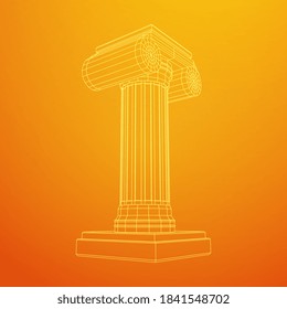 Greek ionic column. Ancient pillars roman antique architecture construction decoration. Wireframe low poly mesh vector illustration.